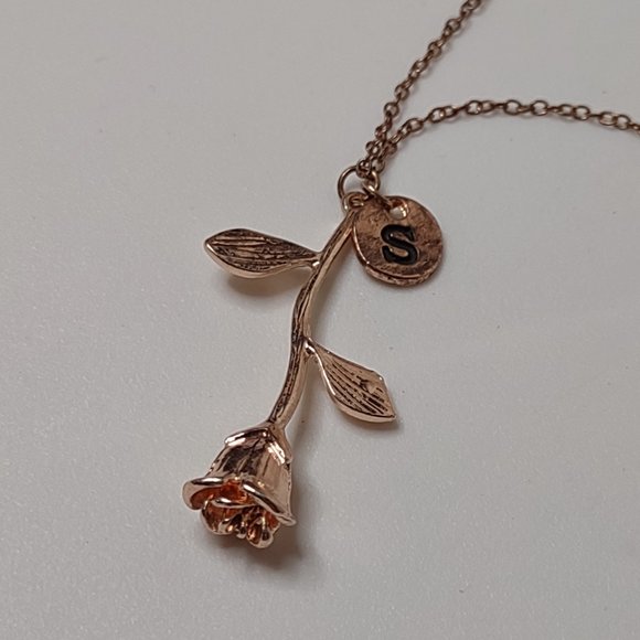 Cute Gold Tone Rose And S Initial Necklace Adjustable 18 to 19.5 Inches Long - Picture 3 of 12